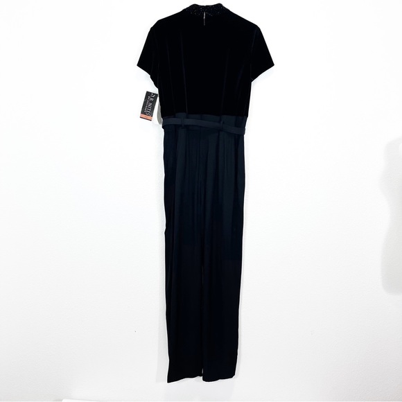 Jumpsuit Black Faux Velvet Top Beaded Belted VTG New JR Nites - Picture 3 of 8